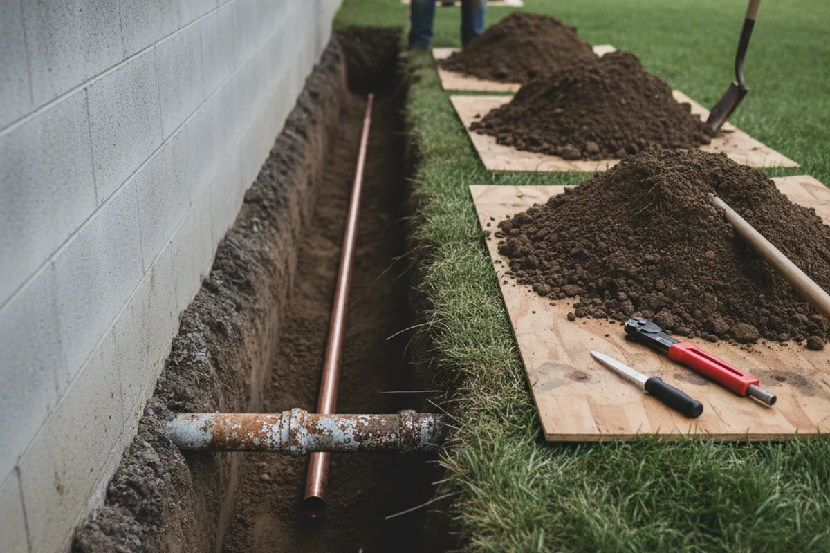Excavated water line trench during Sewer Line Repair in Okmulgee